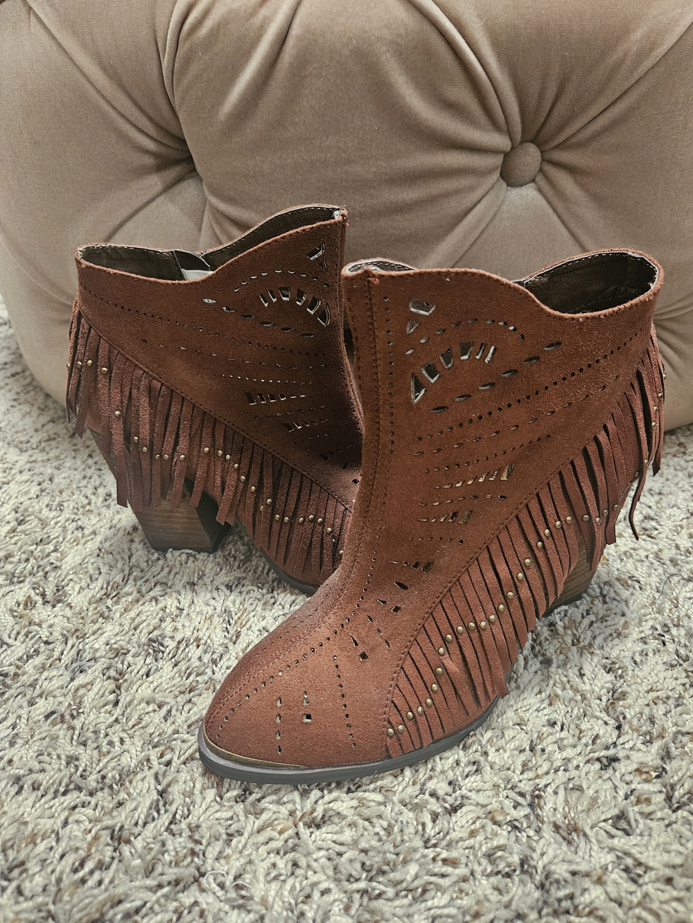 Not Rated Suede Fringe Ankle Boots in Rust